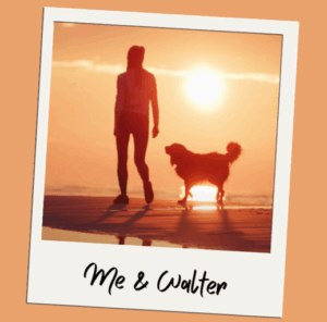 Silhouette of LifeRing blogger Cathy and her dog walking on the beach with the sun behind them