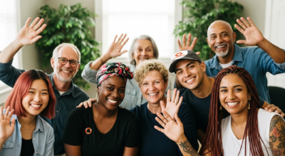 diverse group of LifeRing participants waving
