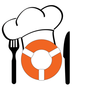 LifeRing Loigo dressed up in a chef's hat set between a knife and fork. The LifeRing logo is a thick orange circle representing a life ring, with three evenly spaced intersecting white lines, denoting the LifeRing 3-S philosophy: Sobriety, Secularity, and Self-Empowerment.