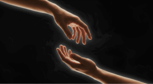 Dark background with a hand reaching down to clasp an upward reaching hand in neutral skin tones representing LifeRing National Suicide Awareness Month blog post