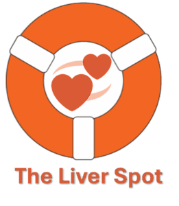 Logo for 'The Liver Spot.' It features a black line drawing of a stylized liver shape with a small white circular spot near the bottom. The text 'The Liver Spot' is written beneath the image in black, bold, capitalized, sans-serif letters.