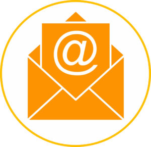Orange envelope with letter marked with @ sign to represent LifeRing ePals