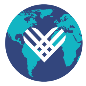 Picture of the world with navy water and teal land, with a white lined GivingTuesday heart on top. 