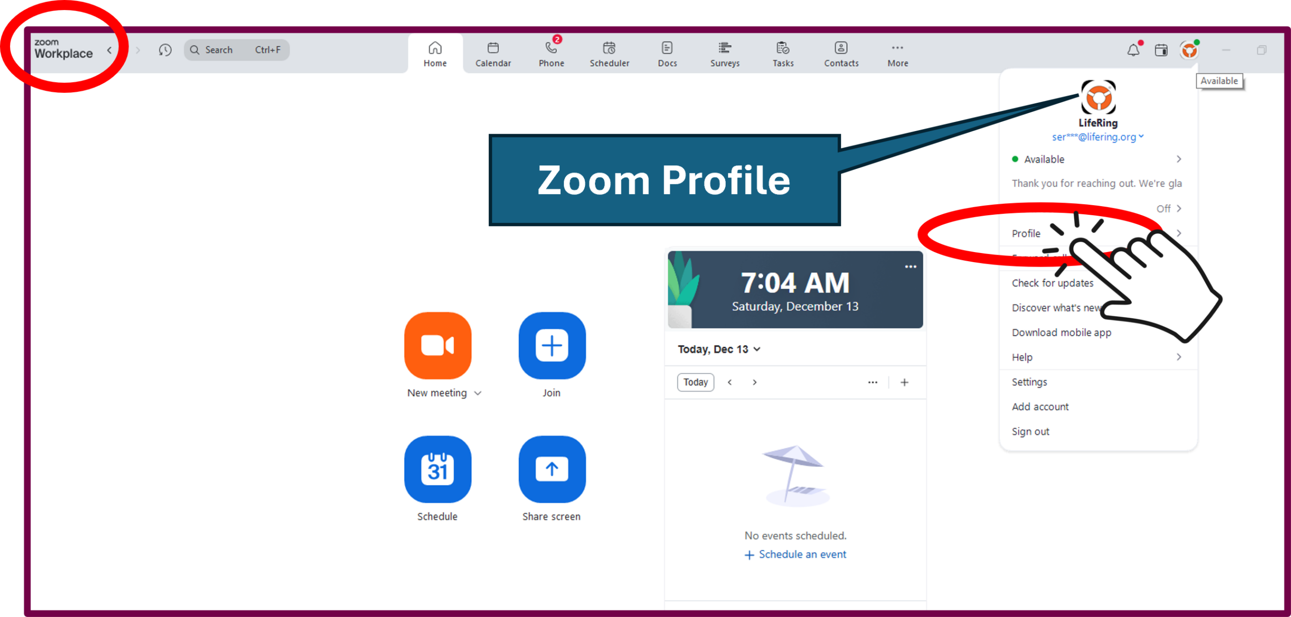Find Your Zoom Profile_Default Screen Name - LifeRing Secular Recovery LifeRing Verification Support | Screenshot of a personal Zoom workspace account