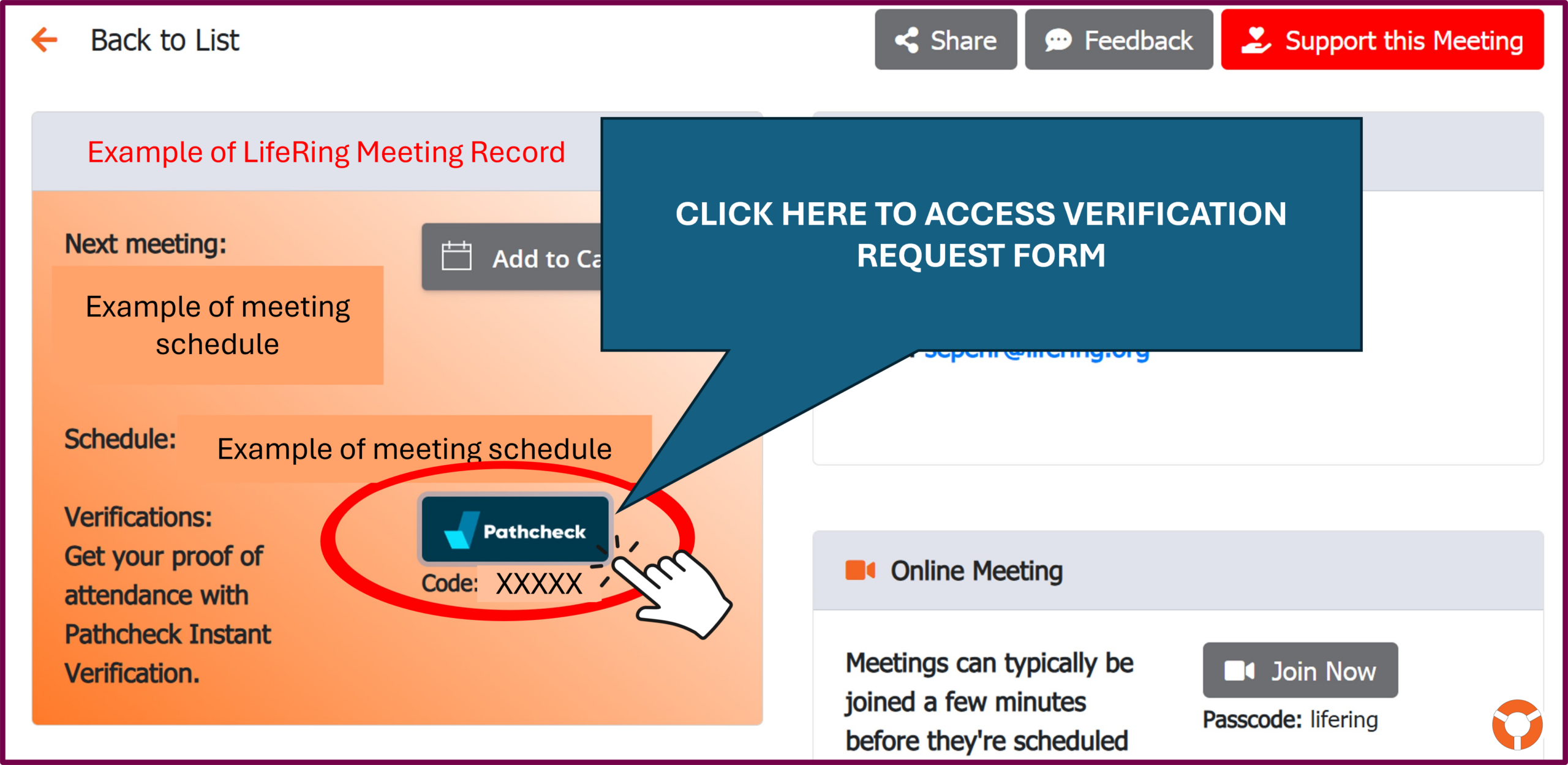 Find link to attendance verification from meeting report - LifeRing Secular Recovery LifeRing Verifications Support | screenshot of meeting record with verification code callout