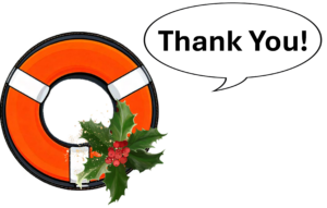 Throw Someone A LifeRing Today! LifeRing ring logo with holly bough to look look like a wreath with speech bubble reading: thank you!