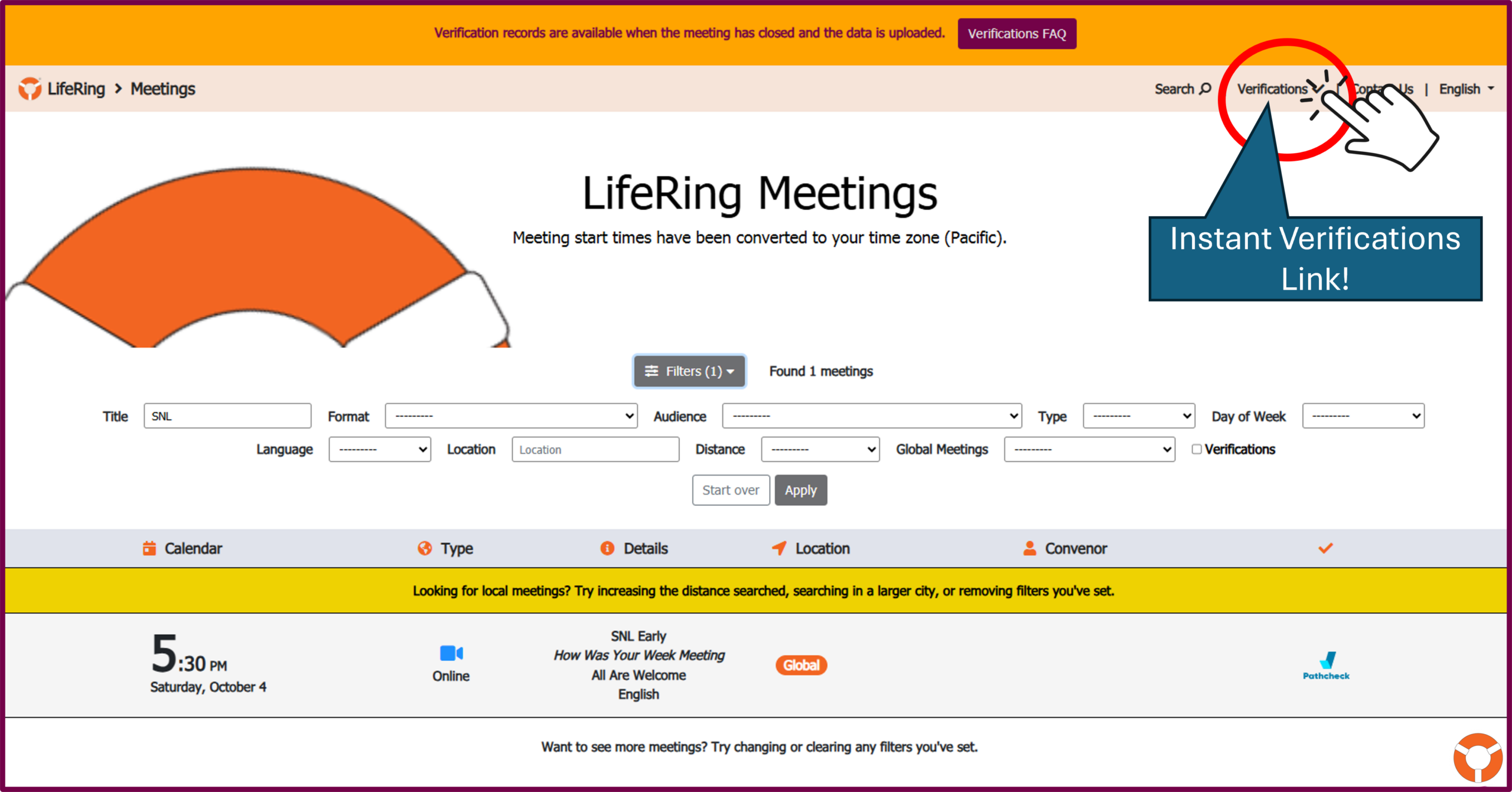 LifeRing Meetings Calendar - LifeRing Secular Recovery LifeRing Verification Support | screenshot of LifeRing Meetings calendar menu bar