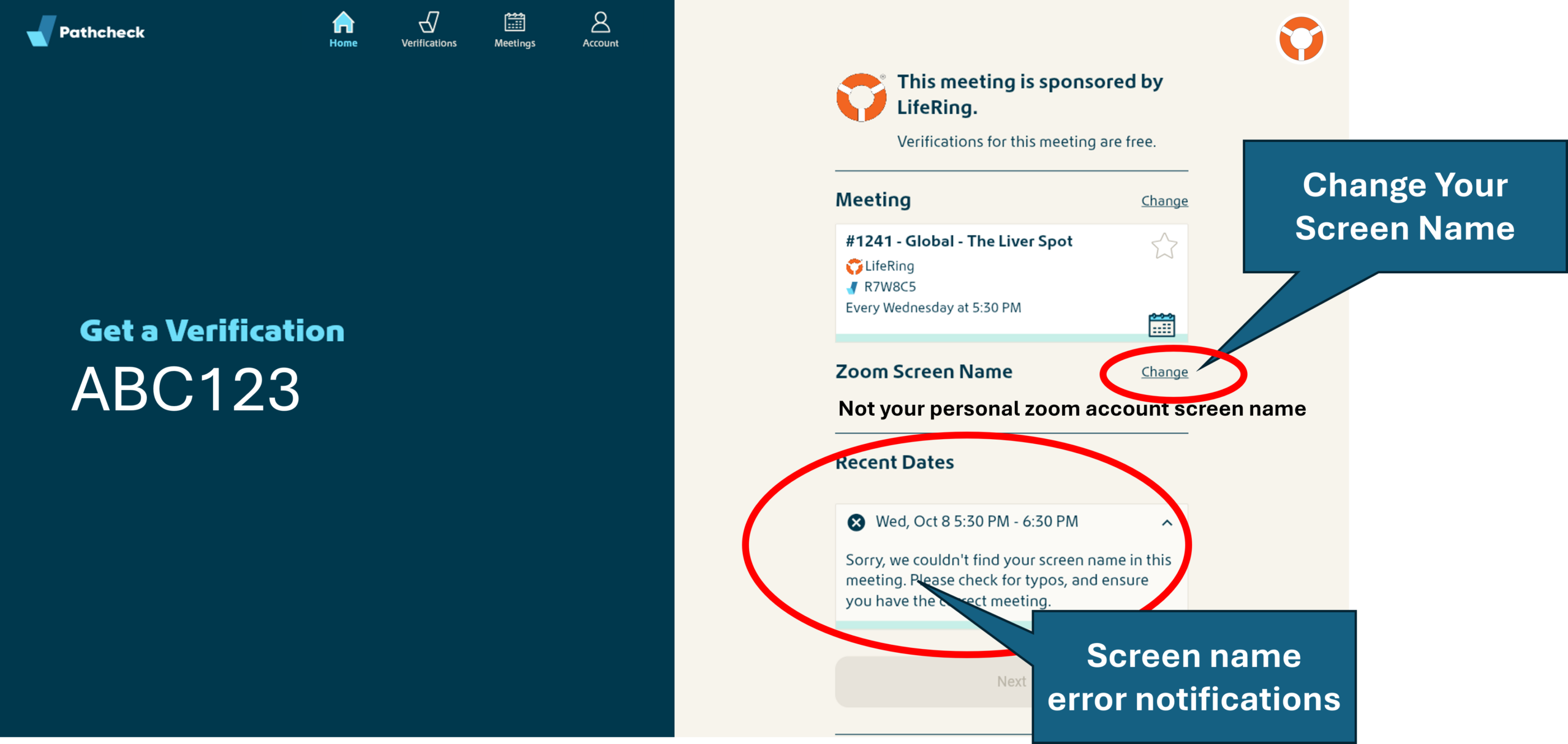 Meeting attendance error notification - LifeRing Secular Recovery LifeRing Verifications Support | screenshot of Get a Verification attendance error