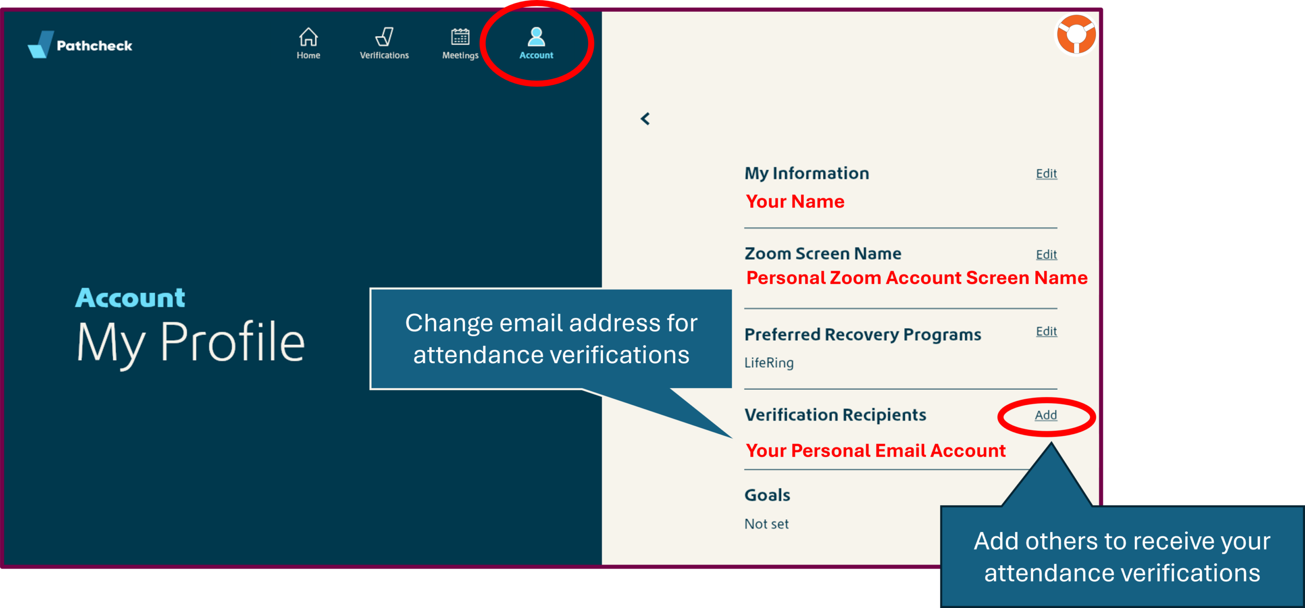 You can add others to receive verifications - LifeRing Secular Recovery LifeRing Verification Support | screenshot of profile updates to include additional verification information recipients