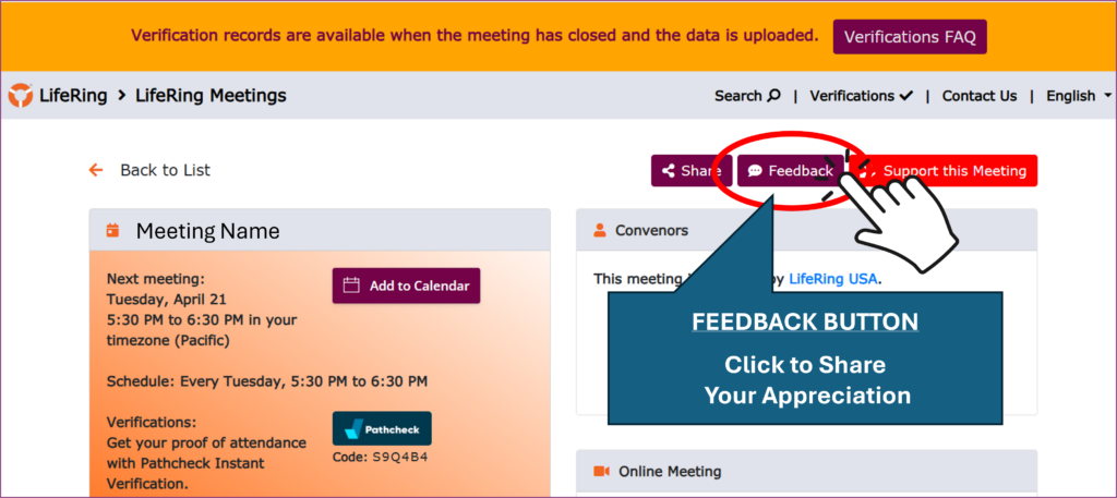 Praise for LifeRing - LifeRing Secular Recovery Image showing how to praise LifeRing Online Convenors using the Feedback button