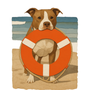 Cartoon of Chutney the pitbull with a LifeRing lifering