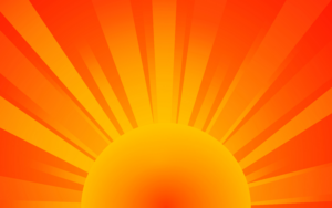 Abstract sunrise design with a large yellow-orange sun at the bottom and radiant orange rays sweeping outward across the image.