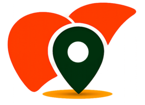 The Liver Spot OG Logo represented by an illustration of an orange liver with a green location pin