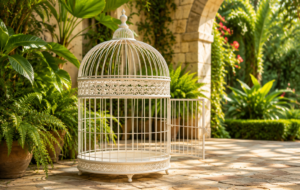 Empty birdcage with door open in lush garden