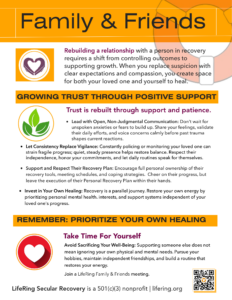 Family and Friends Trust - LifeRing Secular Recovery Poster titled'Family & Friends' promoting recovery support, with LifeRing logo, orange banners, and guidance on rebuilding trust and healing in recovery.