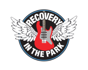 Logo for Recovery in the Park: an image of a red guitar in the center of large white bird wings.