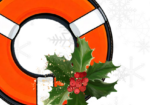 Image of LifeRing Secular Recovery logo with holly to make it a winter holiday wreath on top of a light dusting of snowflakes